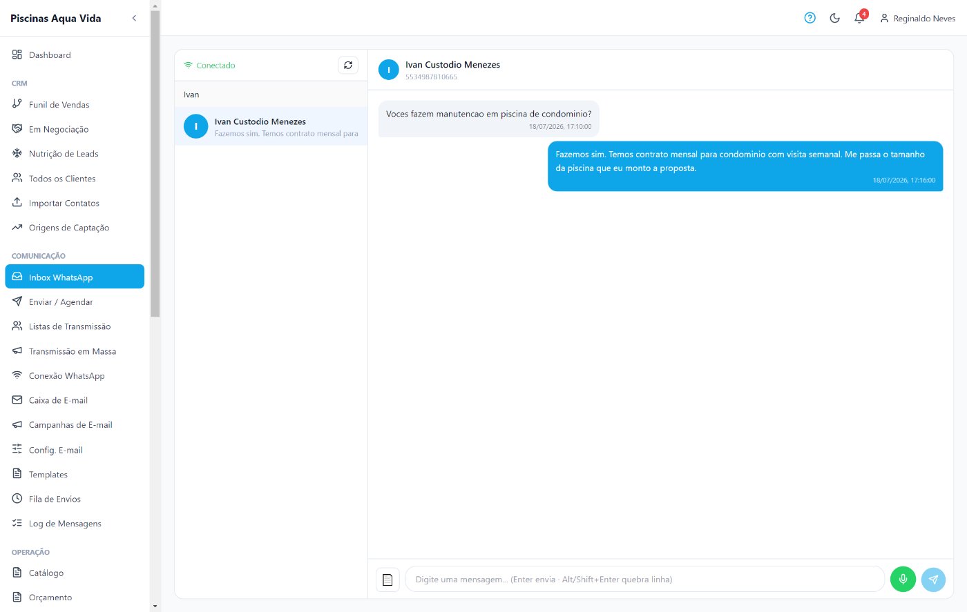Inbox do WhatsApp dentro do AquaGest