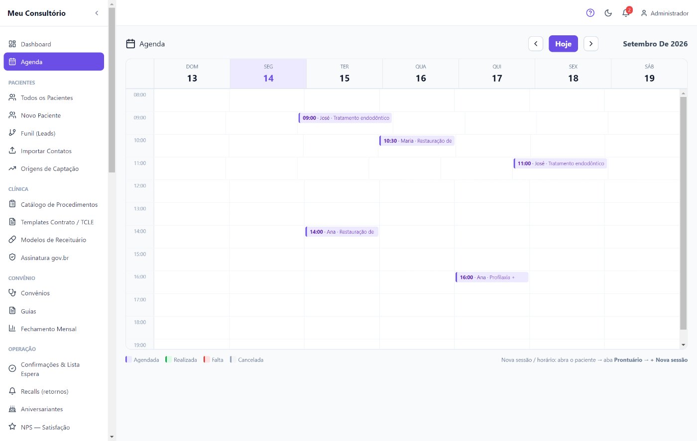 Agenda semanal do IADent com consultas marcadas por dia e horário