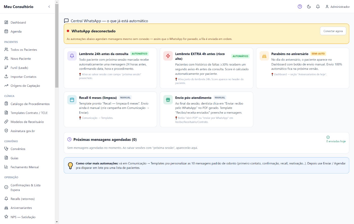 Central de WhatsApp do IADent mostrando as automações de mensagens ativas